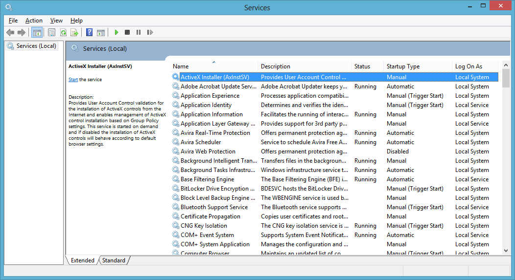 Screenshot of windows services list.